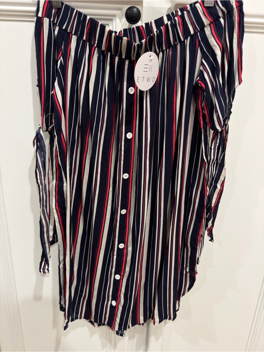 ETWO Navy Stripe Off-Shoulder Button-Front Dress - Navy/White/Red